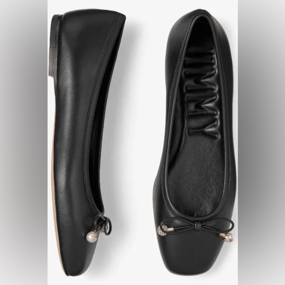 Jimmy Choo Black Leather Flats with Pearl Detail